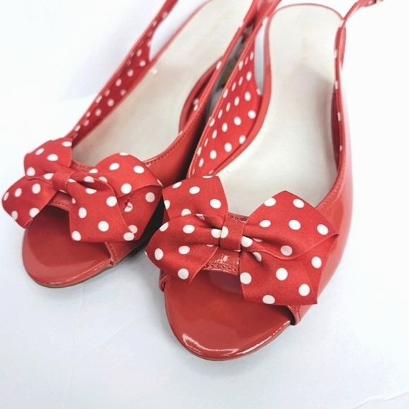Anne Klein Wwns Beverley Red Patent Leather White Polka Dot Bow Wedge Sandals 8 - Picture 5 of 12